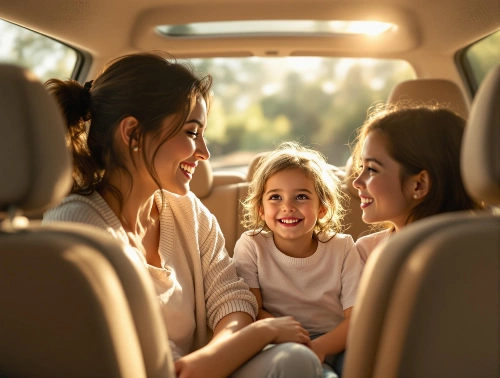 Family inside minivan at Siem Reap